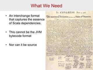 What We Need 
• An interchange format 
that captures the essence 
of Scala dependencies. 
• This cannot be the JVM 
bytecode format 
• Nor can it be source 
23 
 