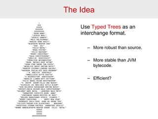 The Idea 
Use Typed Trees as an 
interchange format. 
– More robust than source. 
– More stable than JVM 
bytecode. 
– Efficient? 
 