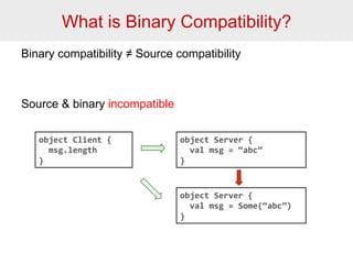 What is Binary Compatibility? 
Binary compatibility ≠ Source compatibility 
Source & binary incompatible 
object 
Client 
{ 
msg.length 
} 
object 
Server 
{ 
val 
msg 
= 
“abc” 
} 
object 
Server 
{ 
val 
msg 
= 
Some(“abc”) 
} 
 