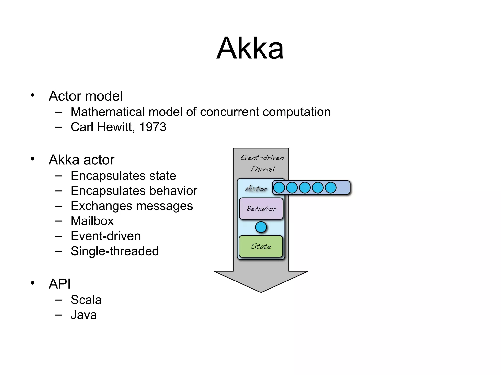Akka • Actor model – Mathematical model of concurrent computation – Carl Hewitt, 1973 • Akka actor – Encapsulates state – Encapsulates behavior – Exchanges messages – Mailbox – Event-driven – Single-threaded • API – Scala – Java 