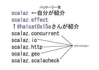 パッケージ一覧
scalaz ←自分が紹介
scalaz.effect
↑@halcat0x15aさんが紹介
scalaz.concurrent
scalaz.io
scalaz.http      ググってください



scalaz.geo
scalaz.scalacheck
 