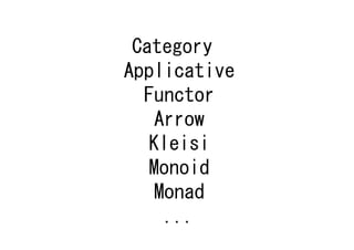 Category
Applicative
  Functor
   Arrow
   Kleisi
   Monoid
   Monad
    ...
 