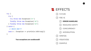 38
EFFECTS
try {
try {
try throw new Exception("e1")
finally throw new Exception("e2")
} finally throw new Exception("e3")...