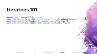 Iteratees 101
sealed trait IterateeT[F[_], -A, +B]
case class More[F[_], A, B](f: A => IterateeT[F, A, B]) extends IterateeT[F, A, B]
case class Done[F[_], B](value: B) extends IterateeT[F, Any, B]
case class Effect[F[_], B](fx: F[B]) extends IterateeT[F, Any, B]
PERFORMANCEMOTIVATION API DESIGN SUMMARY
 