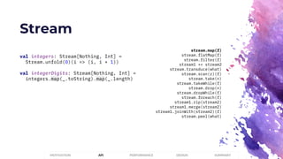 Stream
PERFORMANCEMOTIVATION API DESIGN SUMMARY
val integers: Stream[Nothing, Int] =
Stream.unfold(0)(i => (i, i + 1))
val integerDigits: Stream[Nothing, Int] =
integers.map(_.toString).map(_.length)
stream.map(f)
stream.flatMap(f)
stream.filter(f)
stream1 ++ stream2
stream.transduce(what)
stream.scan(z)(f)
stream.take(n)
stream.takeWhile(f)
stream.drop(n)
stream.dropWhile(f)
stream.foreach(f)
stream1.zip(stream2)
stream1.merge(stream2)
stream1.joinWith(stream2)(f)
stream.peel(what)
 