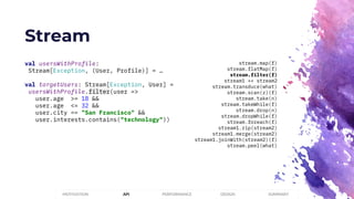 Stream
PERFORMANCEMOTIVATION API DESIGN SUMMARY
val usersWithProfile:
Stream[Exception, (User, Profile)] = …
val targetUsers: Stream[Exception, User] =
usersWithProfile.filter(user =>
user.age >= 18 &&
user.age <= 32 &&
user.city == "San Francisco" &&
user.interests.contains("technology"))
stream.map(f)
stream.flatMap(f)
stream.filter(f)
stream1 ++ stream2
stream.transduce(what)
stream.scan(z)(f)
stream.take(n)
stream.takeWhile(f)
stream.drop(n)
stream.dropWhile(f)
stream.foreach(f)
stream1.zip(stream2)
stream1.merge(stream2)
stream1.joinWith(stream2)(f)
stream.peel(what)
 