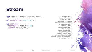 Stream
PERFORMANCEMOTIVATION API DESIGN SUMMARY
type File = Stream[IOException, Report]
val monthlyFiles: List[File] = …
val allFiles =
monthlyFiles.foldLeft[File]
(Stream.empty)(_ ++ _)
stream.map(f)
stream.flatMap(f)
stream.filter(f)
stream1 ++ stream2
stream.transduce(what)
stream.scan(z)(f)
stream.take(n)
stream.takeWhile(f)
stream.drop(n)
stream.dropWhile(f)
stream.foreach(f)
stream1.zip(stream2)
stream1.merge(stream2)
stream1.joinWith(stream2)(f)
stream.peel(what)
 