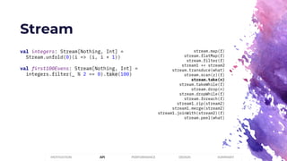 Stream
PERFORMANCEMOTIVATION API DESIGN SUMMARY
val integers: Stream[Nothing, Int] =
Stream.unfold(0)(i => (i, i + 1))
val first100Evens: Stream[Nothing, Int] =
integers.filter(_ % 2 == 0).take(100)
stream.map(f)
stream.flatMap(f)
stream.filter(f)
stream1 ++ stream2
stream.transduce(what)
stream.scan(z)(f)
stream.take(n)
stream.takeWhile(f)
stream.drop(n)
stream.dropWhile(f)
stream.foreach(f)
stream1.zip(stream2)
stream1.merge(stream2)
stream1.joinWith(stream2)(f)
stream.peel(what)
 