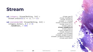 Stream
PERFORMANCEMOTIVATION API DESIGN SUMMARY
val integers: Stream[Nothing, Int] =
Stream.unfold(0)(i => (i, i + 1))
val evensUnder100: Stream[Nothing, Int] =
integers.filter(_ % 2 == 0)
.takeWhile(_ < 100)
stream.map(f)
stream.flatMap(f)
stream.filter(f)
stream1 ++ stream2
stream.transduce(what)
stream.scan(z)(f)
stream.take(n)
stream.takeWhile(f)
stream.drop(n)
stream.dropWhile(f)
stream.foreach(f)
stream1.zip(stream2)
stream1.merge(stream2)
stream1.joinWith(stream2)(f)
stream.peel(what)
 