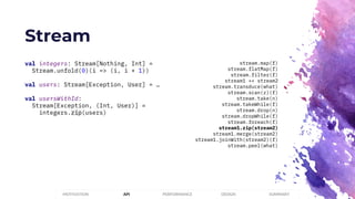 Stream
PERFORMANCEMOTIVATION API DESIGN SUMMARY
val integers: Stream[Nothing, Int] =
Stream.unfold(0)(i => (i, i + 1))
val users: Stream[Exception, User] = …
val usersWithId:
Stream[Exception, (Int, User)] =
integers.zip(users)
stream.map(f)
stream.flatMap(f)
stream.filter(f)
stream1 ++ stream2
stream.transduce(what)
stream.scan(z)(f)
stream.take(n)
stream.takeWhile(f)
stream.drop(n)
stream.dropWhile(f)
stream.foreach(f)
stream1.zip(stream2)
stream1.merge(stream2)
stream1.joinWith(stream2)(f)
stream.peel(what)
 