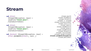 Stream
PERFORMANCEMOTIVATION API DESIGN SUMMARY
val file1:
Stream[IOException, User] =
readFile("file1.data")
.transduce(toUser)
val file2:
Stream[IOException, User] =
readFile("file2.data")
.transduce(toUser)
val fastest: Stream[IOException, User] =
file1.joinWith(file2)(_ race _)
stream.map(f)
stream.flatMap(f)
stream.filter(f)
stream1 ++ stream2
stream.transduce(what)
stream.scan(z)(f)
stream.take(n)
stream.takeWhile(f)
stream.drop(n)
stream.dropWhile(f)
stream.foreach(f)
stream1.zip(stream2)
stream1.merge(stream2)
stream1.joinWith(stream2)(f)
stream.peel(what)
 