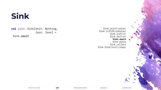 Sink
PERFORMANCEMOTIVATION API DESIGN SUMMARY
val json: Sink[Unit, Nothing,
Json, Json] =
Sink.await
Sink.point(value)
Sink.liftIO(ioValue)
Sink.lift(f)
Sink.fail(e)
Sink.await
Sink.drain
Sink.collect
Sink.fold(init)(step)
 