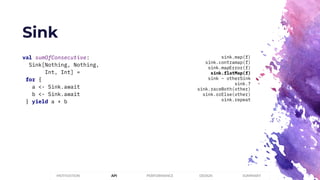 Sink
PERFORMANCEMOTIVATION API DESIGN SUMMARY
val sumOfConsecutive:
Sink[Nothing, Nothing,
Int, Int] =
for {
a <- Sink.await
b <- Sink.await
} yield a + b
sink.map(f)
sink.contramap(f)
sink.mapError(f)
sink.flatMap(f)
sink ~ otherSink
sink.?
sink.raceBoth(other)
sink.orElse(other)
sink.repeat
 