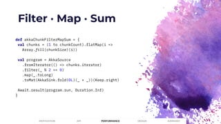 Filter · Map · Sum
PERFORMANCEMOTIVATION API DESIGN SUMMARY
def akkaChunkFilterMapSum = {
val chunks = (1 to chunkCount).flatMap(i =>
Array.fill(chunkSize)(i))
val program = AkkaSource
.fromIterator(() => chunks.iterator)
.filter(_ % 2 == 0)
.map(_.toLong)
.toMat(AkkaSink.fold(0L)(_ + _))(Keep.right)
Await.result(program.run, Duration.Inf)
}
 