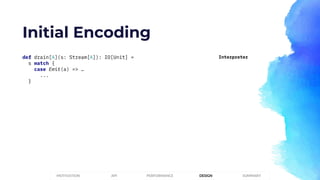 Initial Encoding
def drain[A](s: Stream[A]): IO[Unit] =
s match {
case Emit(a) => …
...
}
Interpreter
PERFORMANCEMOTIVATION API DESIGN SUMMARY
 