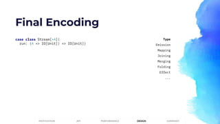 Final Encoding
case class Stream[+A](
run: (A => IO[Unit]) => IO[Unit])
PERFORMANCEMOTIVATION API DESIGN SUMMARY
Type
Emission
Mapping
Joining
Merging
Folding
Effect
...
 