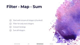 Filter · Map · Sum
PERFORMANCEMOTIVATION API DESIGN SUMMARY
Start with stream of integers (chunked)
Filter for only even i...