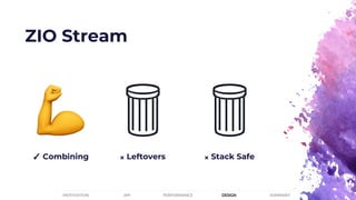 ZIO Stream
𐄂 Stack Safe✓ Combining 𐄂 Leftovers
PERFORMANCEMOTIVATION API DESIGN SUMMARY
 