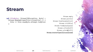 Stream
PERFORMANCEMOTIVATION API DESIGN SUMMARY
val fileBytes: Stream[IOException, Byte] =
Stream.bracket(openFile)(closeF...