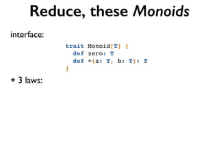 Reduce, these Monoids
+ 3 laws:
trait Monoid[T] {!
def zero: T!
def +(a: T, b: T): T!
}
interface:
 