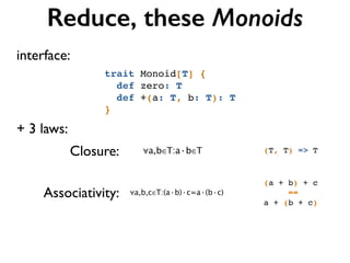 Reduce, these Monoids
+ 3 laws:
(T, T) => TClosure:
Associativity:
trait Monoid[T] {!
def zero: T!
def +(a: T, b: T): T!
}
∀a,b∈T:a·b∈T
∀a,b,c∈T:(a·b)·c=a·(b·c)
(a + b) + c!
==!
a + (b + c)
interface:
 