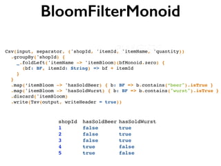 BloomFilterMonoid
Csv(input, separator, ('shopId, 'itemId, 'itemName, 'quantity))!
.groupBy('shopId) {!
_.foldLeft('itemName -> 'itemBloom)(bfMonoid.zero) { !
(bf: BF, itemId: String) => bf + itemId !
}!
}!
.map(‘itemBloom -> 'hasSoldBeer) { b: BF => b.contains(“beer").isTrue }!
.map('itemBloom -> 'hasSoldWurst) { b: BF => b.contains("wurst").isTrue }!
.discard('itemBloom)!
.write(Tsv(output, writeHeader = true))
shopId! hasSoldBeer!hasSoldWurst!
1!! ! ! false!! ! ! true!
2!! ! ! false!! ! ! true!
3!! ! ! false!! ! ! true!
4!! ! ! true! ! ! ! false!
5!! ! ! true! ! ! ! false!
 