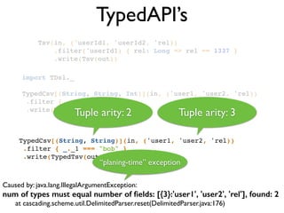TypedAPI’s
Tsv(in, ('userId1, 'userId2, 'rel))!
.filter('userId1) { rel: Long => rel == 1337 }!
.write(Tsv(out))!
Caused by: java.lang.IllegalArgumentException: 	

num of types must equal number of ﬁelds: [{3}:'user1', 'user2', 'rel'], found: 2
	

 at cascading.scheme.util.DelimitedParser.reset(DelimitedParser.java:176)
TypedCsv[(String, String)](in, ('user1, 'user2, 'rel))!
.filter { _._1 === "bob" }!
.write(TypedTsv(out))!
import TDsl._!
!
TypedCsv[(String, String, Int)](in, ('user1, 'user2, 'rel))!
.filter { _._1 == "bob" }!
.write(TypedTsv(out))!
Tuple arity: 2 Tuple arity: 3
“planing-time” exception
 