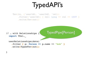 TypedAPI’s
Tsv(in, ('userId1, 'userId2, 'rel))!
.filter('userId1) { rel: Long => rel == 1337 }!
.write(Tsv(out))!
// … with Relationships {!
import TDsl._!
!
userRelationships(date) !
.filter { p: Person => p.name == ”bob" }!
.write(TypedTsv(out))!
!
}
TypedPipe[Person]
 