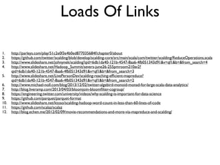 Loads Of Links
1. http://parleys.com/play/51c2e0f3e4b0ed877035684f/chapter0/about	

2. https://github.com/twitter/scalding/blob/develop/scalding-core/src/main/scala/com/twitter/scalding/ReduceOperations.scala	

3. http://www.slideshare.net/johnynek/scalding?qid=6db1da40-121b-4547-8aa6-4fb051343d91&v=qf1&b=&from_search=4	

4. http://www.slideshare.net/Hadoop_Summit/severs-june26-255pmroom210av2?
qid=6db1da40-121b-4547-8aa6-4fb051343d91&v=qf1&b=&from_search=3	

5. http://www.slideshare.net/LivePersonDev/scalding-reaching-efﬁcient-mapreduce?
qid=6db1da40-121b-4547-8aa6-4fb051343d91&v=qf1&b=&from_search=2	

6. http://www.michael-noll.com/blog/2013/12/02/twitter-algebird-monoid-monad-for-large-scala-data-analytics/	

7. http://blog.liveramp.com/2013/04/03/bloomjoin-bloomﬁlter-cogroup/	

8. https://engineering.twitter.com/university/videos/why-scalding-is-important-for-data-science	

9. https://github.com/parquet/parquet-format	

10. http://www.slideshare.net/ktoso/scalding-hadoop-word-count-in-less-than-60-lines-of-code	

11. https://github.com/scalaz/scalaz	

12. http://blog.echen.me/2012/02/09/movie-recommendations-and-more-via-mapreduce-and-scalding/
 