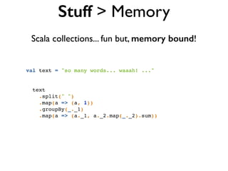 Stuff > Memory
Scala collections... fun but, memory bound!
val text = "so many words... waaah! ..."!
!
!
text!
.split(" ")!
.map(a => (a, 1))!
.groupBy(_._1)!
.map(a => (a._1, a._2.map(_._2).sum))!
 