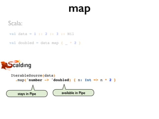 val data = 1 :: 2 :: 3 :: Nil
val doubled = data map { _ * 2 }
map
IterableSource(data)
.map('number -> 'doubled) { n: Int => n * 2 }
Scala:
available in Pipestays in Pipe
 