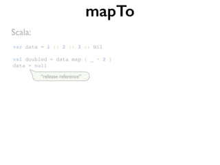 var data = 1 :: 2 :: 3 :: Nil
val doubled = data map { _ * 2 }
data = null
mapTo
Scala:
“release reference”
 