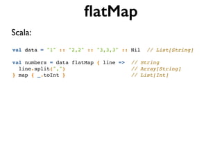 val data = "1" :: "2,2" :: "3,3,3" :: Nil // List[String]
val numbers = data flatMap { line => // String
line.split(",") // Array[String]
} map { _.toInt } // List[Int]
ﬂatMap
Scala:
 