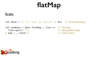 val data = "1" :: "2,2" :: "3,3,3" :: Nil // List[String]
val numbers = data flatMap { line => // String
line.split(",") // Array[String]
} map { _.toInt } // List[Int]
ﬂatMap
Scala:
 