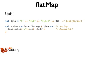 val data = "1" :: "2,2" :: "3,3,3" :: Nil // List[String]
val numbers = data flatMap { line => // String
line.split(",").map(_.toInt) // Array[Int]
}
ﬂatMap
Scala:
 