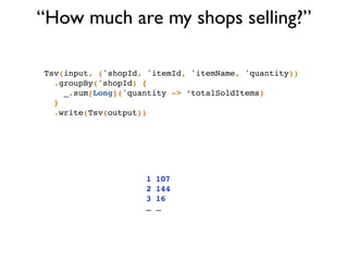 “How much are my shops selling?”
Tsv(input, ('shopId, 'itemId, 'itemName, 'quantity))!
.groupBy('shopId) {!
_.sum[Long]('quantity -> ‘totalSoldItems)!
}!
.write(Tsv(output))
1!107!
2!144!
3!16!
… …
 