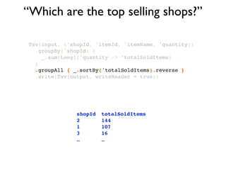 “Which are the top selling shops?”
Tsv(input, ('shopId, 'itemId, 'itemName, 'quantity))!
.groupBy('shopId) {!
_.sum[Long]('quantity -> ‘totalSoldItems)!
}!
.groupAll { _.sortBy('totalSoldItems).reverse }!
.write(Tsv(output, writeHeader = true))
shopId! totalSoldItems!
2!! ! ! 144 !
1!! ! ! 107!
3!! ! ! 16!
…!! ! ! …
 