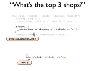 “What’s the top 3 shops?”
Tsv(input, ('shopId, 'itemId, 'itemName, 'quantity))!
.groupBy('shopId) {!
_.sum[Long]('quantity -> ‘totalSoldItems)!
}!
.groupAll { !
_.sortedReverseTake[Long]('totalSold -> 'x, 3) !
}!
.write(Tsv(output, writeHeader = true))
x!
List((5,146), (2,142), (3,32))!
WAT!?
Emits scala.collection.List[_]
 