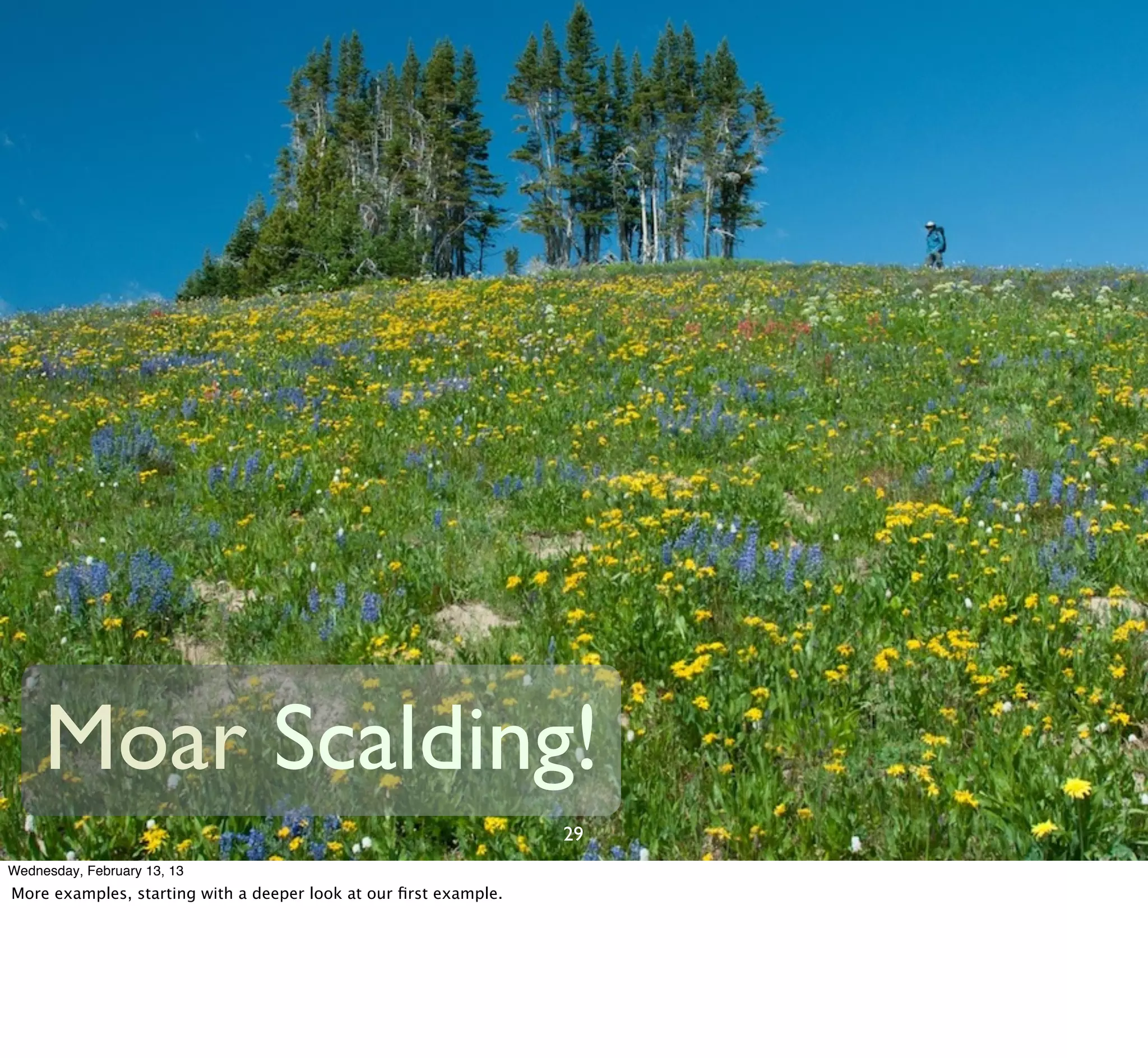 Moar Scalding!
                                                                  29
Wednesday, February 13, 13
More examples, starting with a deeper look at our ﬁrst example.
 