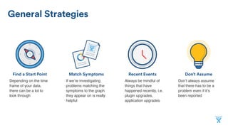 Don’t AssumeMatch SymptomsFind a Start Point
General Strategies
Recent Events
If we’re investigating
problems matching the
symptoms to the graph
they appear on is really
helpful
Depending on the time
frame of your data,
there can be a lot to
look through
Don’t always assume
that there has to be a
problem even if it’s
been reported
Always be mindful of
things that have
happened recently, i.e.
plugin upgrades,
application upgrades
 