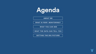 WHAT YOU CAN SEE
WHAT IS PERF. MONITORING?
WHAT THE DATA CAN TELL YOU
GETTING THE BIG PICTURE
Agenda
ABOUT ME
 