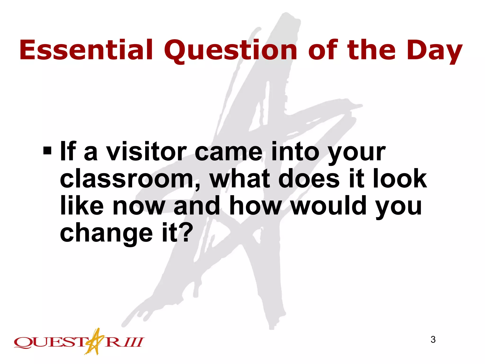 Essential Question of the Day If a visitor came into your classroom, what does it look like now and how would you change it? 