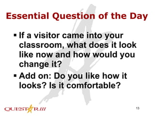 Essential Question of the Day If a visitor came into your classroom, what does it look like now and how would you change it? Add on: Do you like how it looks? Is it comfortable? 