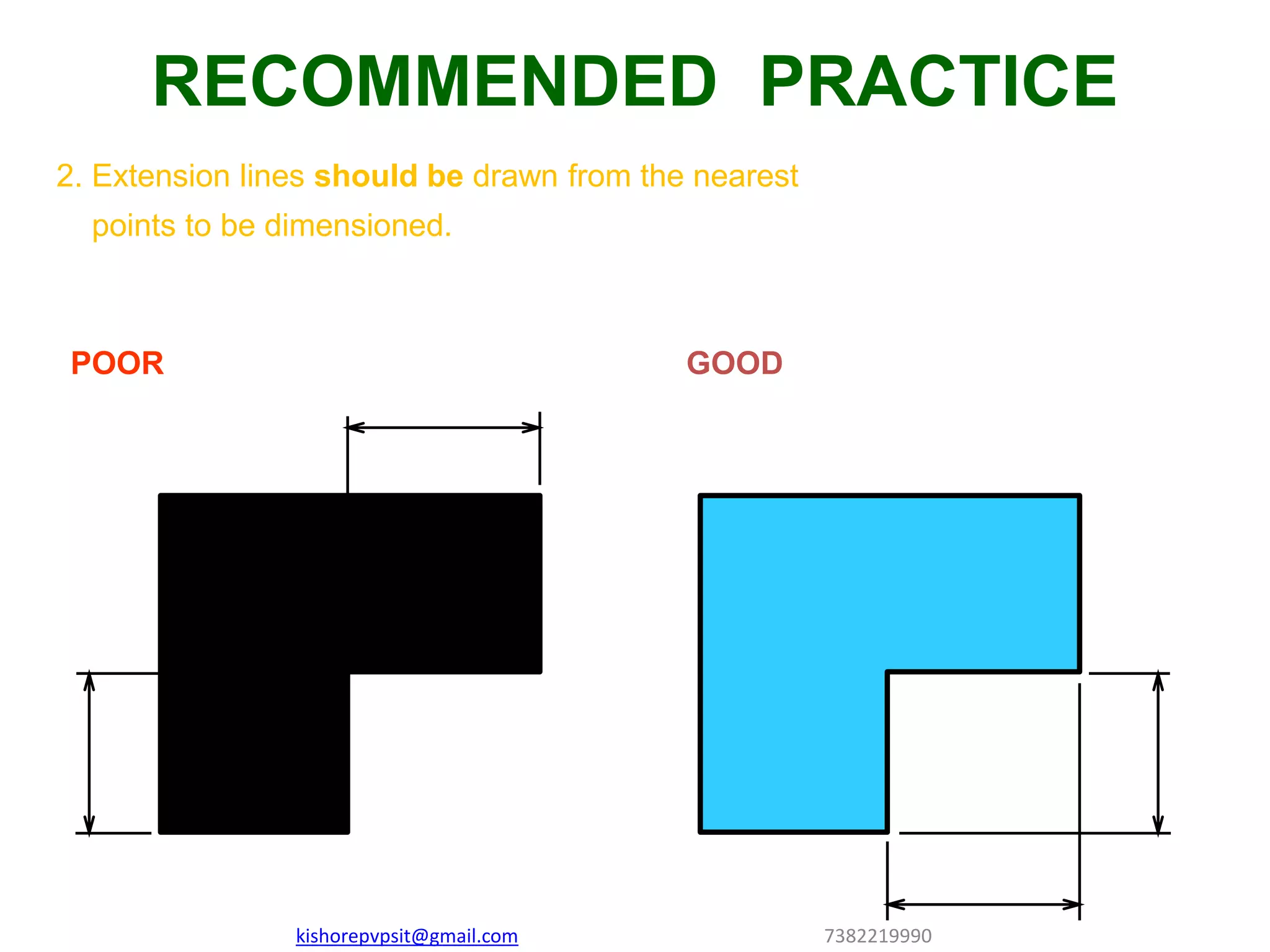 2. Extension lines should be drawn from the nearest
points to be dimensioned.
POOR GOOD
RECOMMENDED PRACTICE
kishorepvpsit@gmail.com 7382219990
 