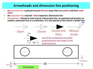 Arrowheads and dimension line positioning
• A dimension line is placed at least 6-8 mm away from an outline and from each
other
• An extension line extends ~3mm beyond a dimension line
• Arrowhead – Placed at each end of a dimension line, its pointed end touches an
outline, extension line or a centerline. It is also placed at the end of a leader line
~3mm 50
Arrowhead
45o
Open Closed Closed and
filled
Oblique
strokew
3w
Size of the arrowhead should be
proportional to the length of the
dimension line
~6-8mm
 