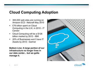 Cloud Computing Adoption
  365,000 web sites are running on
   Amazon EC2 - Netcraft May 2010
  £76 billion spent on Cloud
   Computing in the U.K. in 2010 - IT
   Candor
  Cloud Computing will be a $126
   billion market by 2012 - IBM
  20% of Businesses won’t have IT
   Assets by 2012 - Gartner

Bottom Line: A large portion of our
infrastructure no longer lives in
our data center... but we gotta
manage it.



3    2/27/11
 