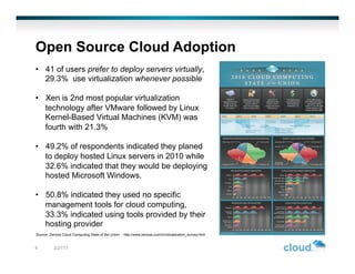 Open Source Cloud Adoption
•  41 of users prefer to deploy servers virtually,
   29.3% use virtualization whenever possible

•  Xen is 2nd most popular virtualization
   technology after VMware followed by Linux
   Kernel-Based Virtual Machines (KVM) was
   fourth with 21.3%

•  49.2% of respondents indicated they planed
   to deploy hosted Linux servers in 2010 while
   32.6% indicated that they would be deploying
   hosted Microsoft Windows.

•  50.8% indicated they used no specific
   management tools for cloud computing,
   33.3% indicated using tools provided by their
   hosting provider
Source: Zenoss Cloud Computing State of the Union - http://www.zenoss.com/in/virtualization_survey.html


4         2/27/11
 