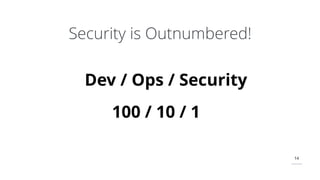 14
Security is Outnumbered!
Dev / Ops / Security
100 / 10 / 1
 