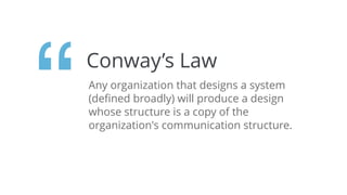 Conway’s Law
Any organization that designs a system
(deﬁned broadly) will produce a design
whose structure is a copy of the
organization's communication structure.
“
 