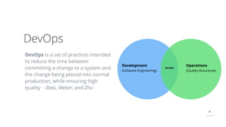 9
DevOps is a set of practices intended
to reduce the time between
committing a change to a system and
the change being placed into normal
production, while ensuring high
quality - Bass, Weber, and Zhu
DevOps
Development
(Software Engineering)
Operations
(Quality Assurance)
DevOps
 
